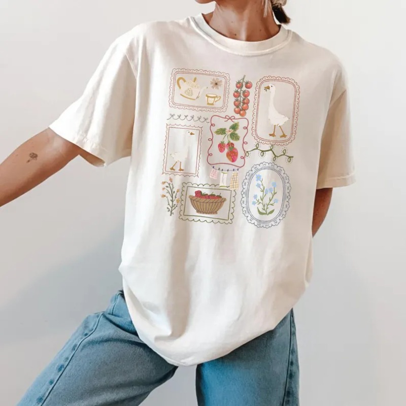 Junior Gardening Tools - เสื้อยืดพิมพ์ลายสไตล์คันทรี่ เสื้อยืดคอกลมแขนสั้นลำลองสำหรับผู้หญิง ลายพิมพ์วินเทจ ลายดอกไม้ นก และเครื่องมือทำสวน